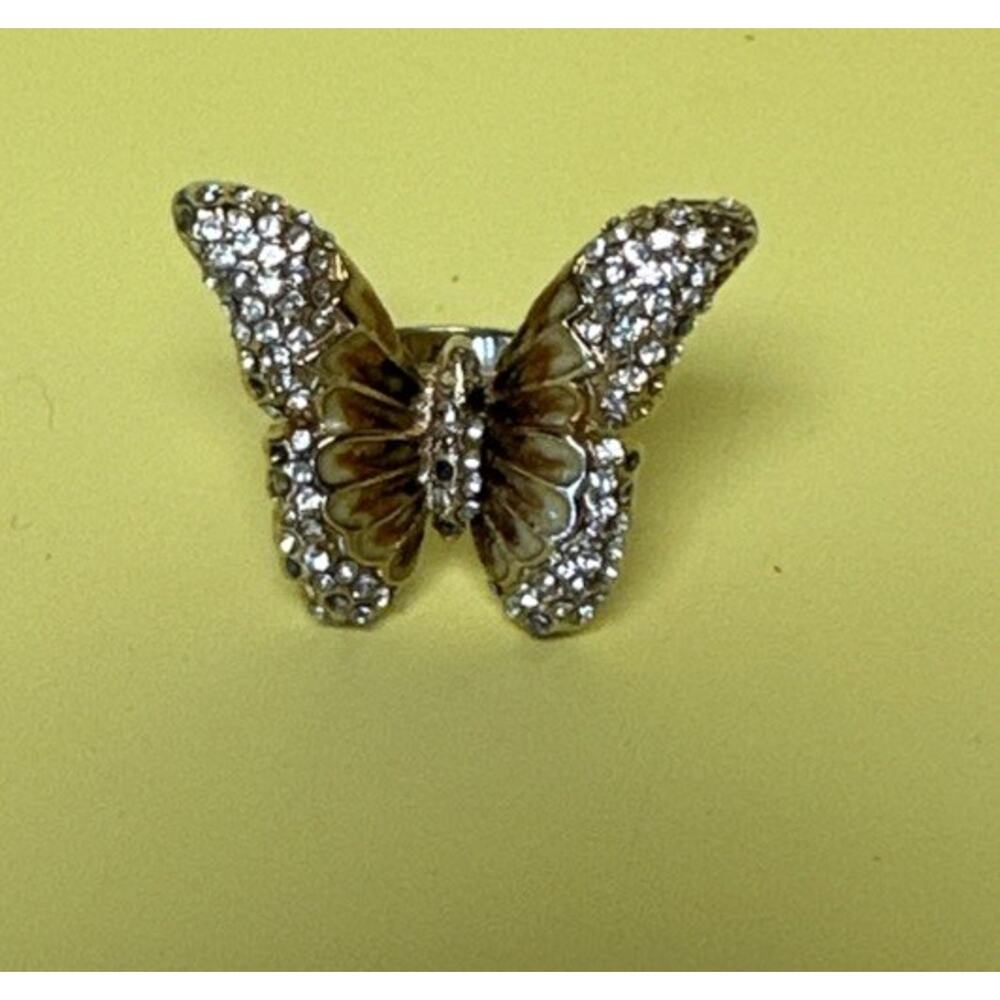 Contessa Di Capri Gold Tone & Crystal Butterfly Ring 1970's Size 7